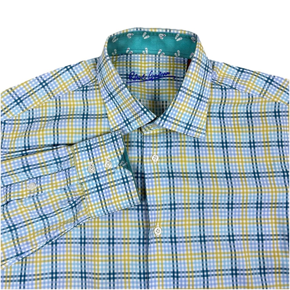 Robert Graham Plaid Button Down‎ Shirt Men 16.5 L Blue Green Yellow Cotton Silk